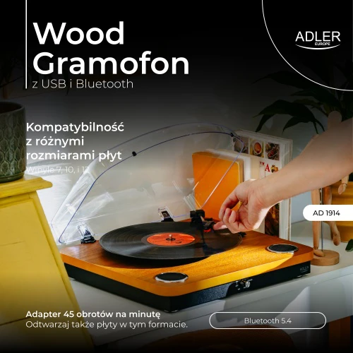 Patefonas Adler AD-1914 su USB ir Bluetooth, rudos medienos spalvos