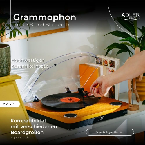 Patefonas Adler AD-1914 su USB ir Bluetooth, rudos medienos spalvos