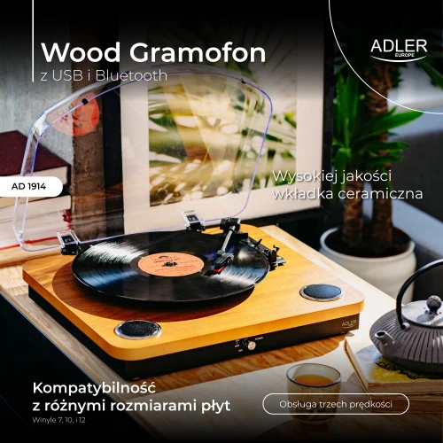 Patefonas Adler AD-1914 su USB ir Bluetooth, rudos medienos spalvos