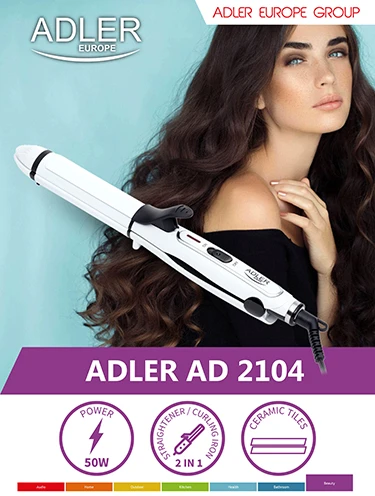 Adler | Hair straightener 2 in 1 | AD 2104 | Garantija 24 mėn. | Ceramic heating system | 50 W | Baltas