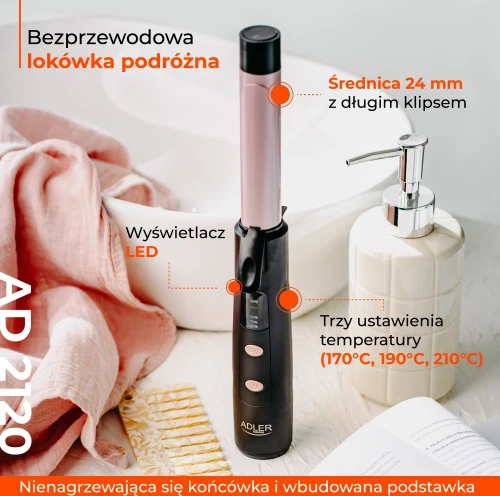 Adler Cordless Curling Iron | AD 2120 | Temperature (min) 170 °C | Ekranas LED | Juodas/Rose Gold