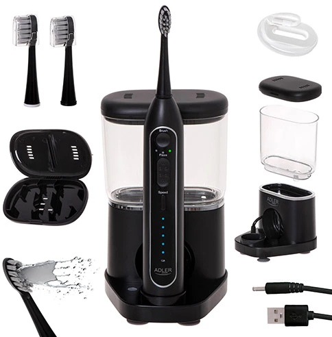Dantų šepetėlis Adler | 2-in-1 Vanduo Flossing Sonic | AD 2180b | Įkraunamas | Suaugusiems | Šepetėlių skaičius galvutės įeina 2 | Number of teeth brushing modes 1 | Juodas