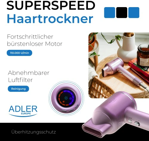 Adler Plaukų džiovintuvas | AD 2270p SUPERSPEED | 1600 W | Number of temperature settings 3 | Ionic function | Diffuser nozzle | Rožinė