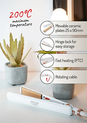 Adler | Plaukų tiesinimo žnyplės | AD 2317 | Ceramic heating system | Temperature (max) 200 °C | 35 W | Baltas