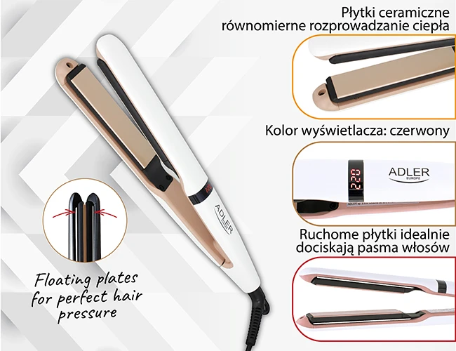 Adler | Plaukų tiesintuvas | AD 2321 | Garantija 24 mėn. | Ceramic heating system | Ekranas LCD | Temperature (min) 140 °C | Temperature (max) 220 °C | 45 W | Pearl Baltas