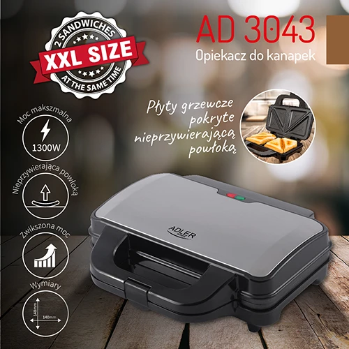 Sumuštinių keptuvas Adler | Sumuštinių keptuvė | AD 3043 | 900 W | Lentelių skaičius 1 | Kepinių skaičius 2 | Juodas