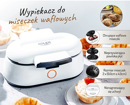 Vaflinė Adler | Vaflinio dubens gaminimo aparatas | AD 3062 | 1000 W | Kepinių skaičius 2 | Dubuo | Baltas