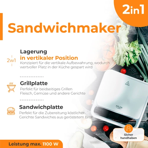 Sumuštinių keptuvas Adler AD 3070W sumuštinių keptuvė Baltas