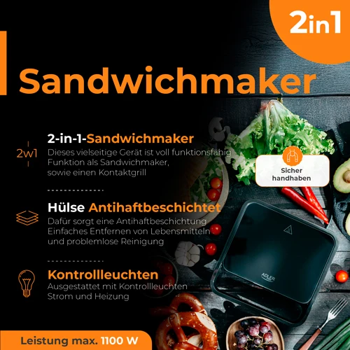 Sumuštinių keptuvas Adler sumuštinių keptuvė 2 viename | AD 3070b | 850 W | Lentelių skaičius 2 | Juodas