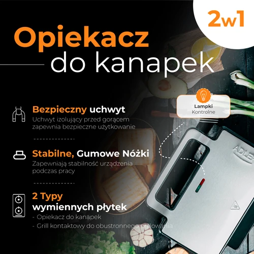 Sumuštinių keptuvas Adler sumuštinių keptuvė 2 viename | AD 3073 | 1000 W | Lentelių skaičius 2 | Nerūdijantis plienas/Juodas