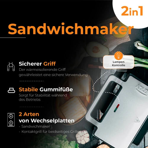 Sumuštinių keptuvas Adler sumuštinių keptuvė 2 viename | AD 3073 | 1000 W | Lentelių skaičius 2 | Nerūdijantis plienas/Juodas