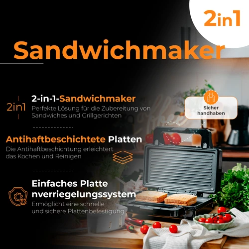 Sumuštinių keptuvas Adler sumuštinių keptuvė 2 viename | AD 3073 | 1000 W | Lentelių skaičius 2 | Nerūdijantis plienas/Juodas