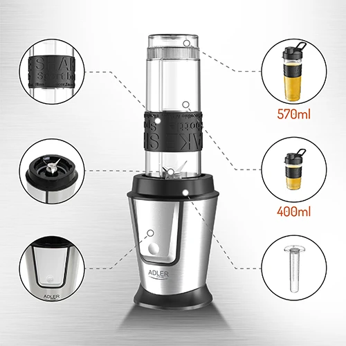 Adler | Maišytuvas | AD 4081 | Tabletop | 800 W | Jar material BPA Free Plastic | Jar capacity 0.4 + 0.57 L | Ice crushing | Juodas/Nerūdijantis plienas