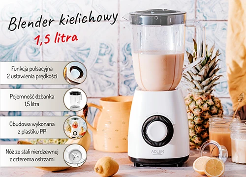 Plakiklis Adler | Maišytuvas su stiklainiu | AD 4085 | Stalviršis | 1000 W | Stiklainio medžiaga Plastikas | Stiklainio talpa 1,5 L | Baltas