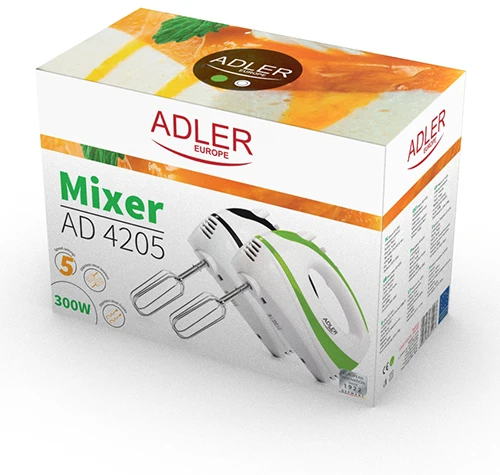 Plakiklis Adler | Mixer | AD 4205 g | Hand Mixer | 300 W | Greičių skaičius 5 | Turbo mode | Baltas/Žalias