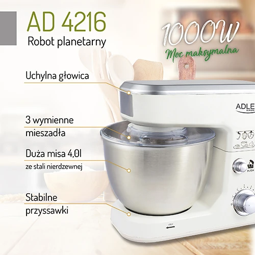 Virtuvinis kombainas Adler | AD 4216 | 1000 W | Greičių skaičius 6 | Bowl capacity 4 L | Baltas