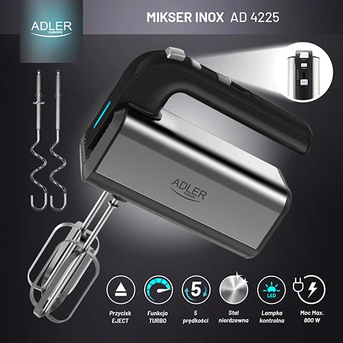 Plakiklis Adler | Hand mixer | AD 4225 | Hand Mixer | 300 W | Greičių skaičius 5 | Turbo mode | Nerūdijantis plienas