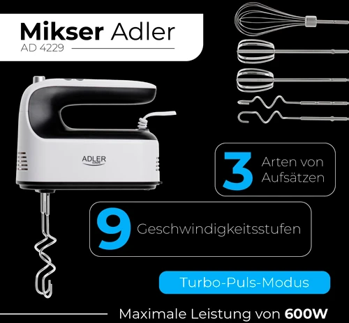 Plakiklis Adler Hand Mixer | AD 4229 | Hand Mixer | 600 W | Greičių skaičius 9 | Turbo mode | Juodas/Baltas