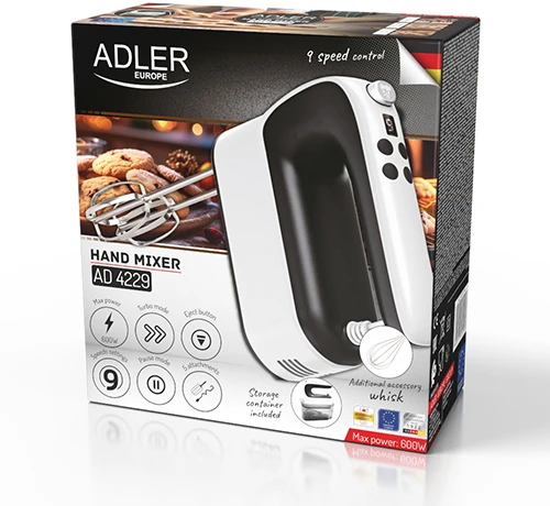 Plakiklis Adler Hand Mixer | AD 4229 | Hand Mixer | 600 W | Greičių skaičius 9 | Turbo mode | Juodas/Baltas
