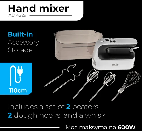 Plakiklis Adler Hand Mixer | AD 4229 | Hand Mixer | 600 W | Greičių skaičius 9 | Turbo mode | Juodas/Baltas