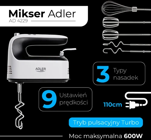 Plakiklis Adler Hand Mixer | AD 4229 | Hand Mixer | 600 W | Greičių skaičius 9 | Turbo mode | Juodas/Baltas