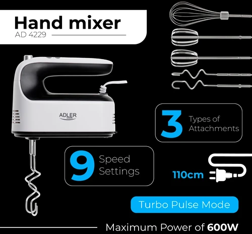 Plakiklis Adler Hand Mixer | AD 4229 | Hand Mixer | 600 W | Greičių skaičius 9 | Turbo mode | Juodas/Baltas
