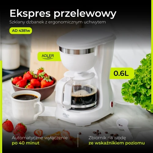 Kavos aparatas Adler | AD 4381w | Lašėjimo | 600 W | Baltas