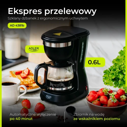 Kavos aparatas Adler AD 4381 juodas lašelinis kavos virimo aparatas 0,6 l