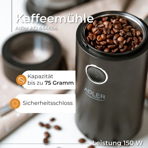 Kavamalė Adler | Kavos malūnėlis | AD4446bs | 150 W | Kavos pupelių talpa 75 g | Dangčio apsauginis jungiklis | Juodas