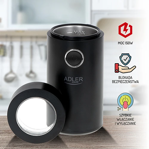 Kavamalė Adler | Kavos malūnėlis | AD4446bs | 150 W | Kavos pupelių talpa 75 g | Dangčio apsauginis jungiklis | Juodas