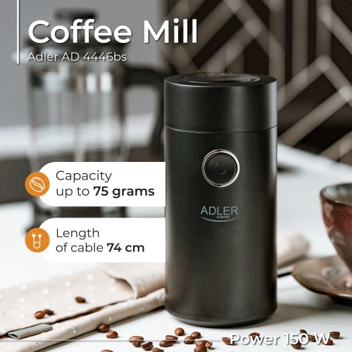 Kavamalė Adler | Kavos malūnėlis | AD4446bs | 150 W | Kavos pupelių talpa 75 g | Dangčio apsauginis jungiklis | Juodas