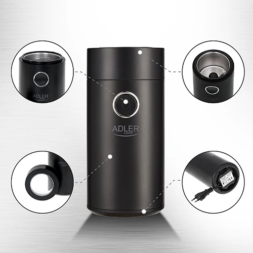 Kavamalė Adler | Kavos malūnėlis | AD4446bs | 150 W | Kavos pupelių talpa 75 g | Dangčio apsauginis jungiklis | Juodas