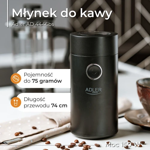 Kavamalė Adler | Kavos malūnėlis | AD4446bs | 150 W | Kavos pupelių talpa 75 g | Dangčio apsauginis jungiklis | Juodas