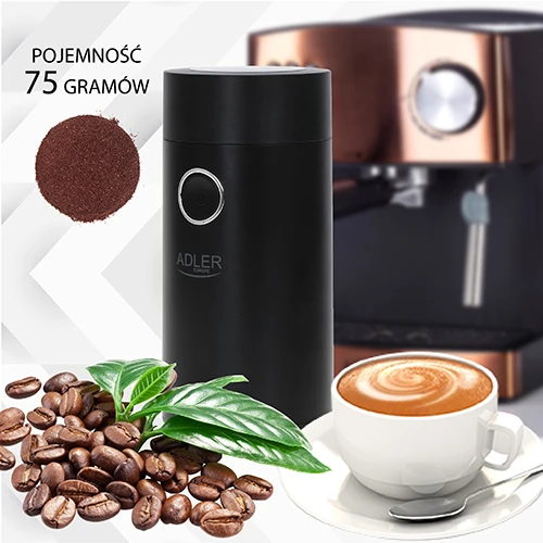 Kavamalė Adler | Kavos malūnėlis | AD4446bs | 150 W | Kavos pupelių talpa 75 g | Dangčio apsauginis jungiklis | Juodas