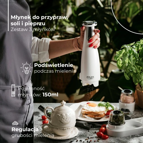 Adler | Elektrinis druskos ir pipirų malūnėlis | AD 4449w | Korpuso medžiaga ABS plastikas | 7 W | Ličio | Matinis baltas
