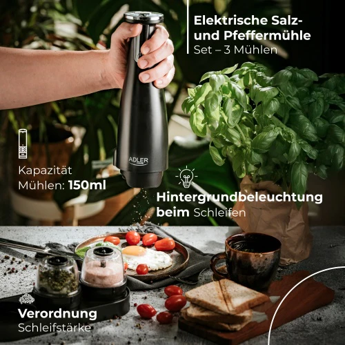 Adler | Elektrinis druskos ir pipirų malūnėlis | AD 4449b | Korpuso medžiaga ABS plastikas | 7 W | Ličio | Matinis Juodas