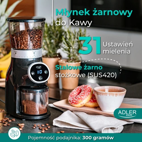Kavamalė Adler | Kavos malūnėlis | AD 4450 Burr | 300 W | Kavos pupelių talpa 300g | Puodelių skaičius 1-10 vnt(s) | Juodas