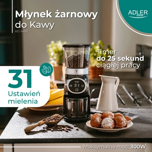 Kavamalė Adler | Kavos malūnėlis | AD 4450 Burr | 300 W | Kavos pupelių talpa 300g | Puodelių skaičius 1-10 vnt(s) | Juodas