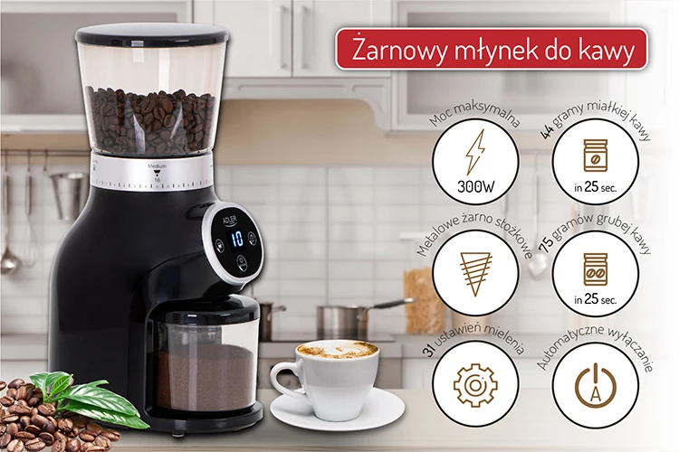 Kavamalė Adler | Kavos malūnėlis | AD 4450 Burr | 300 W | Kavos pupelių talpa 300g | Puodelių skaičius 1-10 vnt(s) | Juodas