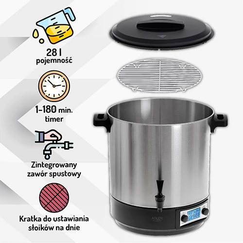 Adler | Electric pot/Cooker | AD 4496 | 2600 W | 28 L | Nerūdijantis plienas/Juodas