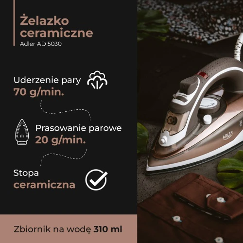 Adler | Lygintuvas | AD 5030 | Garų lygintuvas | 3000 W | Vanduo tank capacity 310 ml | Continuous steam 20 g/min | Brown