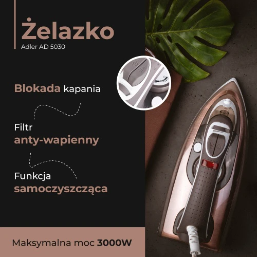 Adler | Lygintuvas | AD 5030 | Garų lygintuvas | 3000 W | Vanduo tank capacity 310 ml | Continuous steam 20 g/min | Brown