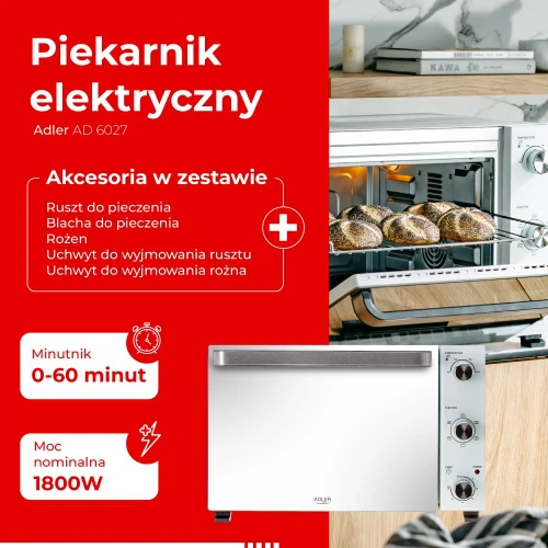 Adler Electric orkaitė | AD 6027 | 48 L | 1800 W | Baltas