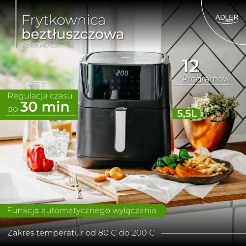 Gruzdintuvė Adler AD 6317 Air Fryer Oven, 12 programs, 5.5 L, Juodas