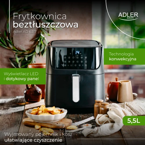 Gruzdintuvė Adler AD 6317 Air Fryer Oven, 12 programs, 5.5 L, Juodas