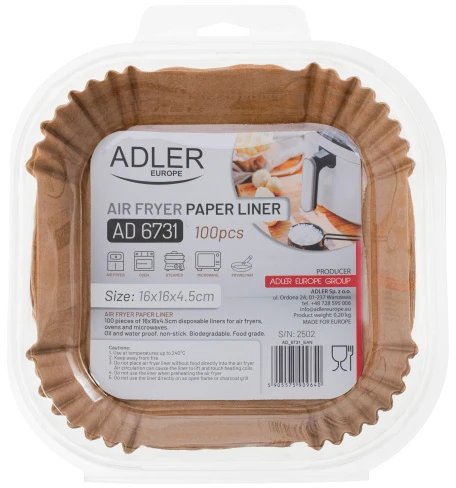 Adler | Popieriniai įdėklai oro gruzdintuvei | AD 6731 | 100 | Matmenys (P x I) 16 x 16 x 4,5 cm