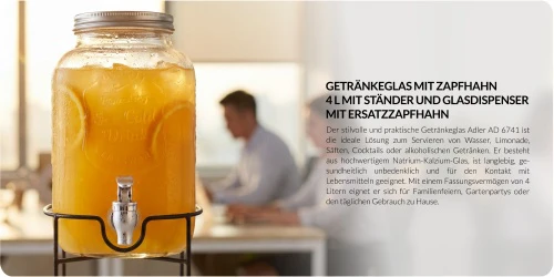 Adler AD 6741 4 l geriamasis indas su čiaupu ir stovu | Stiklinis dozatorius su atsarginiu čiaupu