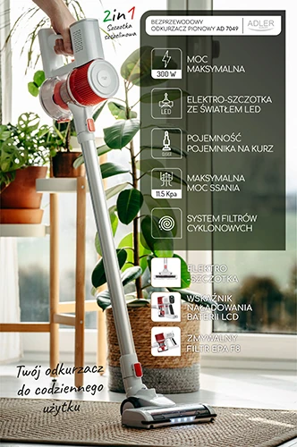 Adler | Dulkių siurblys | AD 7051 | Belaidis veikimas | 300 W | 22,2 V | Veikimo laikas (maks.) 30 min | Baltas/Raudona