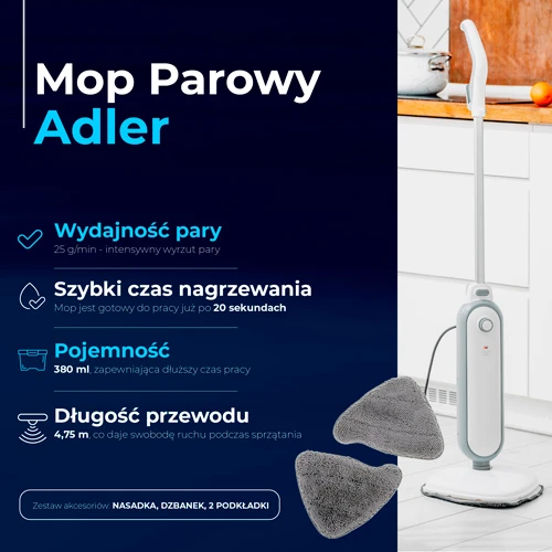 Adler Steam šluota | AD 7057 | Galia 1300 W | Vanduo bako talpa 0,38 L | Baltas/Pilkas