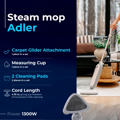 Adler Steam šluota | AD 7057 | Galia 1300 W | Vanduo bako talpa 0,38 L | Baltas/Pilkas